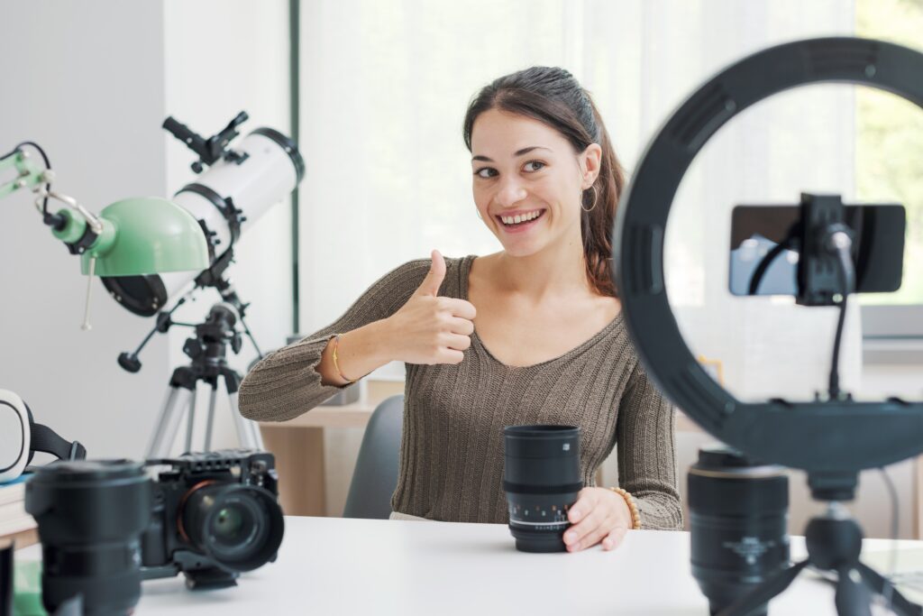 Content creator making a product review video for social media
